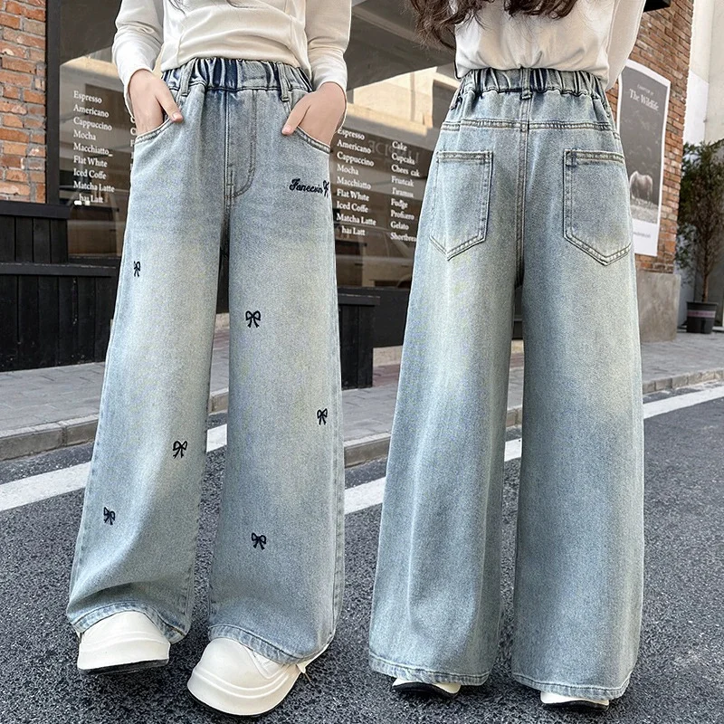 Pantalones vaqueros de algodón para niñas con pajarita