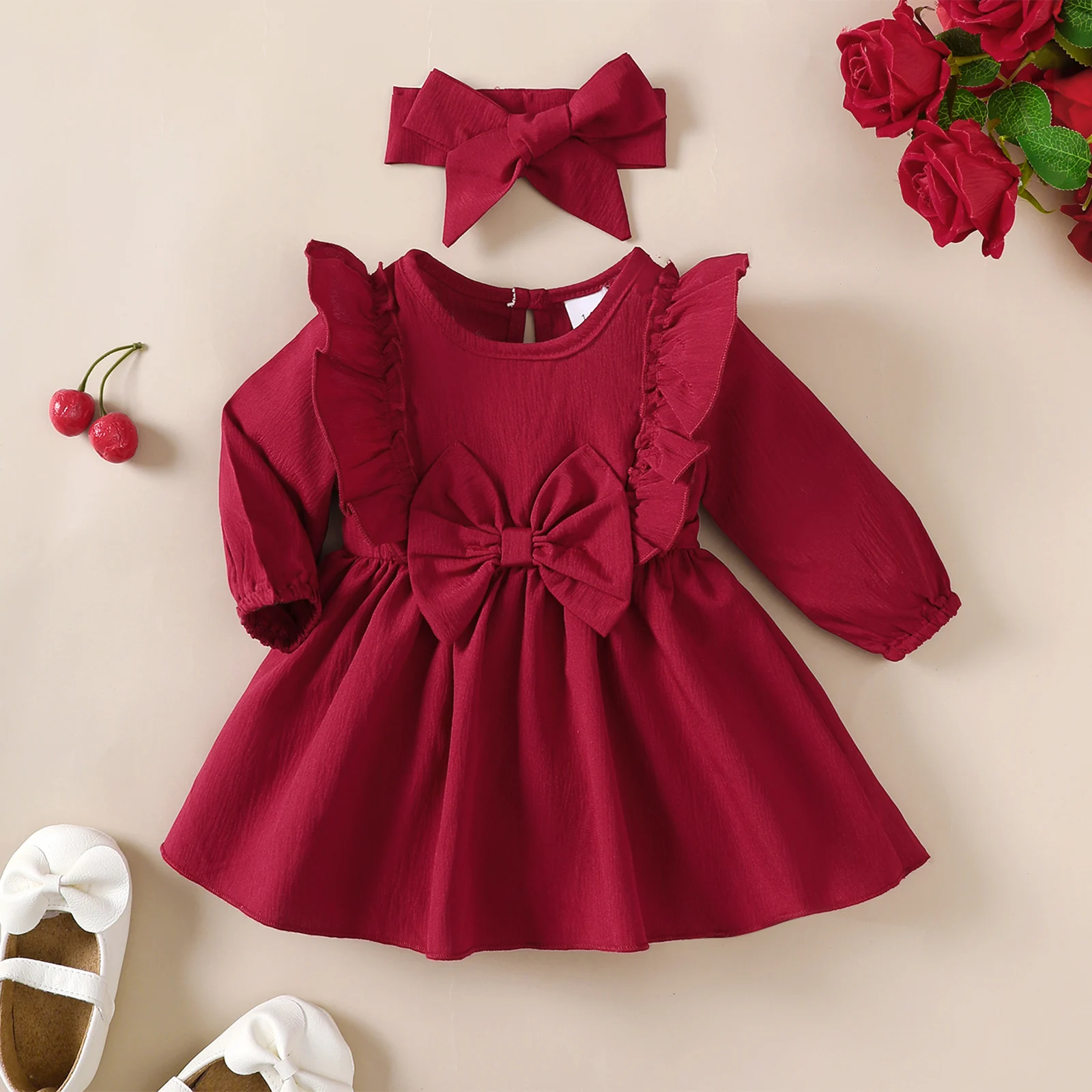 Vestido navideño de princesa de manga larga con lazo y diadema