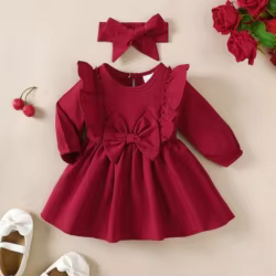 Vestido navideño de princesa de manga larga con lazo y diadema