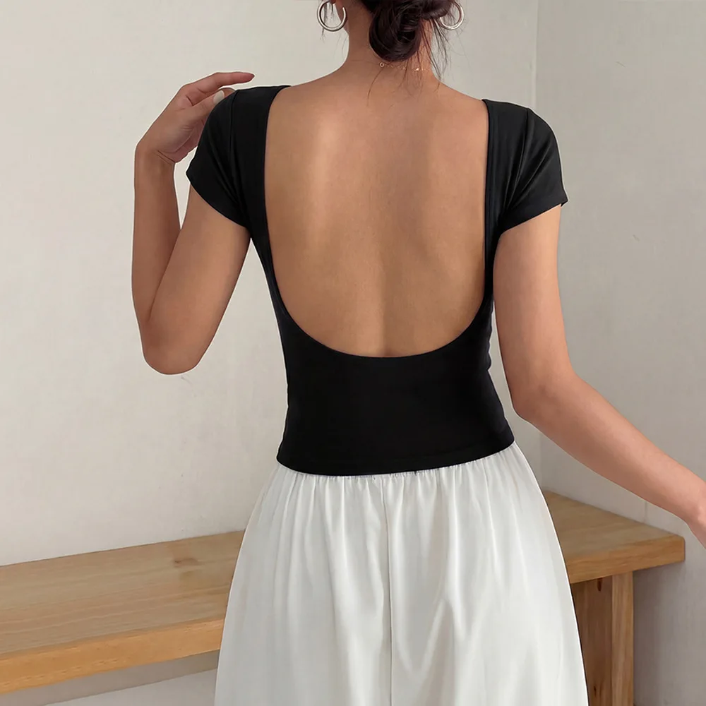 Somenie camiseta corta de cuello en U con espalda abierta para mujer - imagen 4