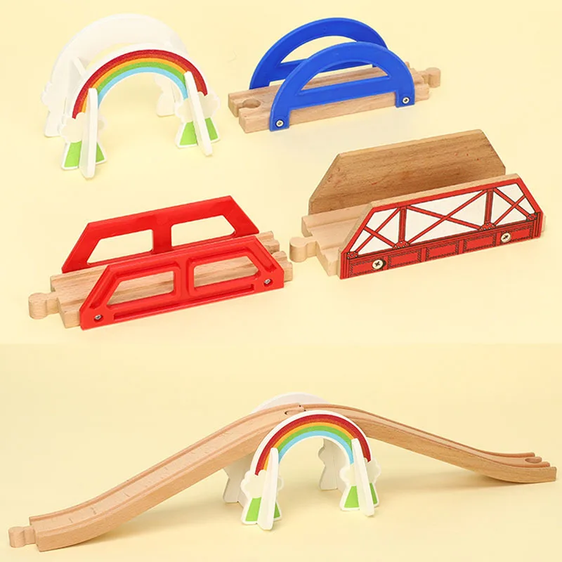 Vía de tren de madera Biro con accesorios de puente para niños