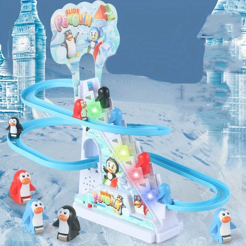 Pingüinos subiendo escaleras y deslizándose