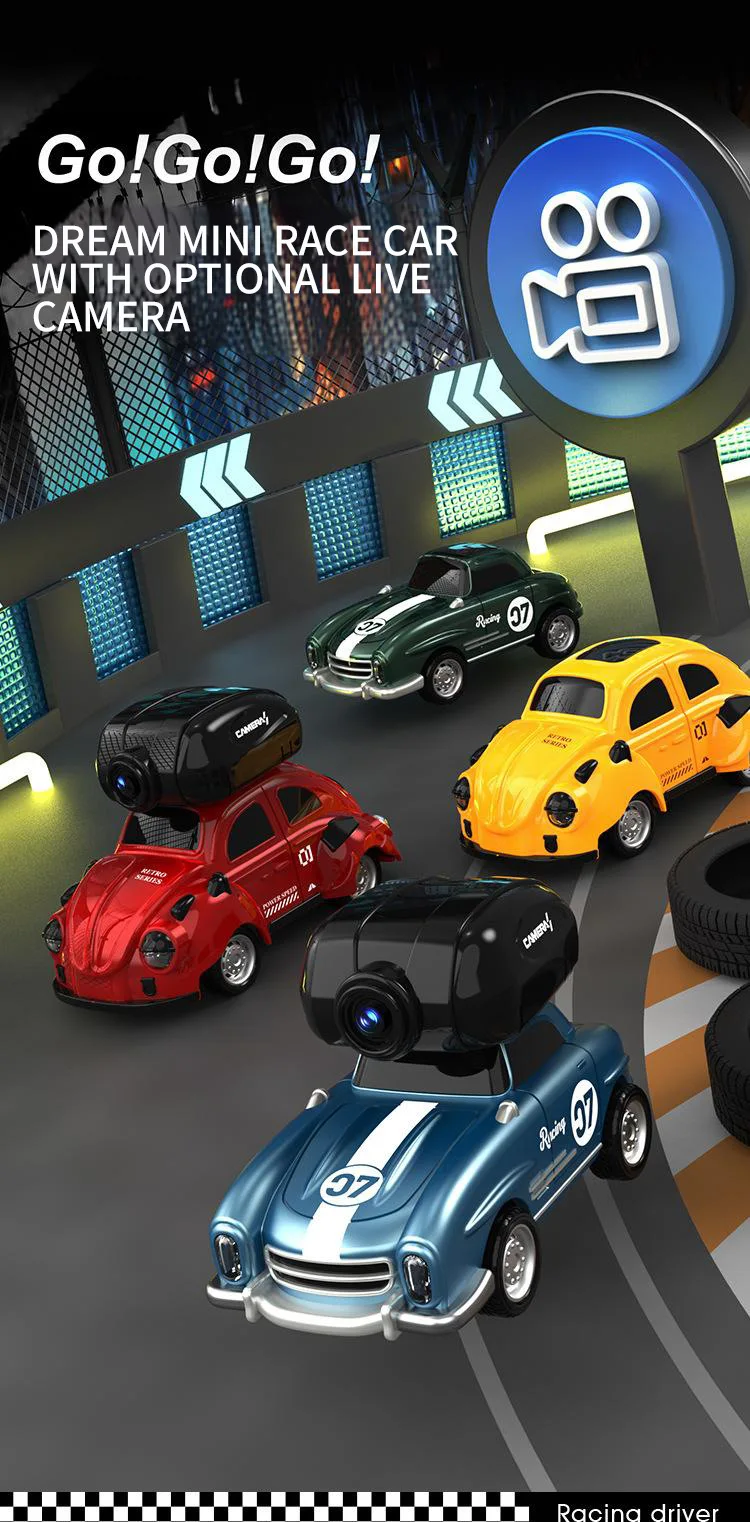 Vista frontal del mini coche RC con cámara y luces