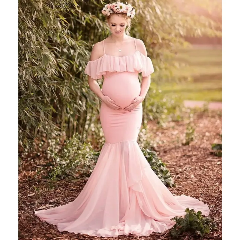 Vestido de embarazo sirena con hombros descubiertos para fotos - imagen 3