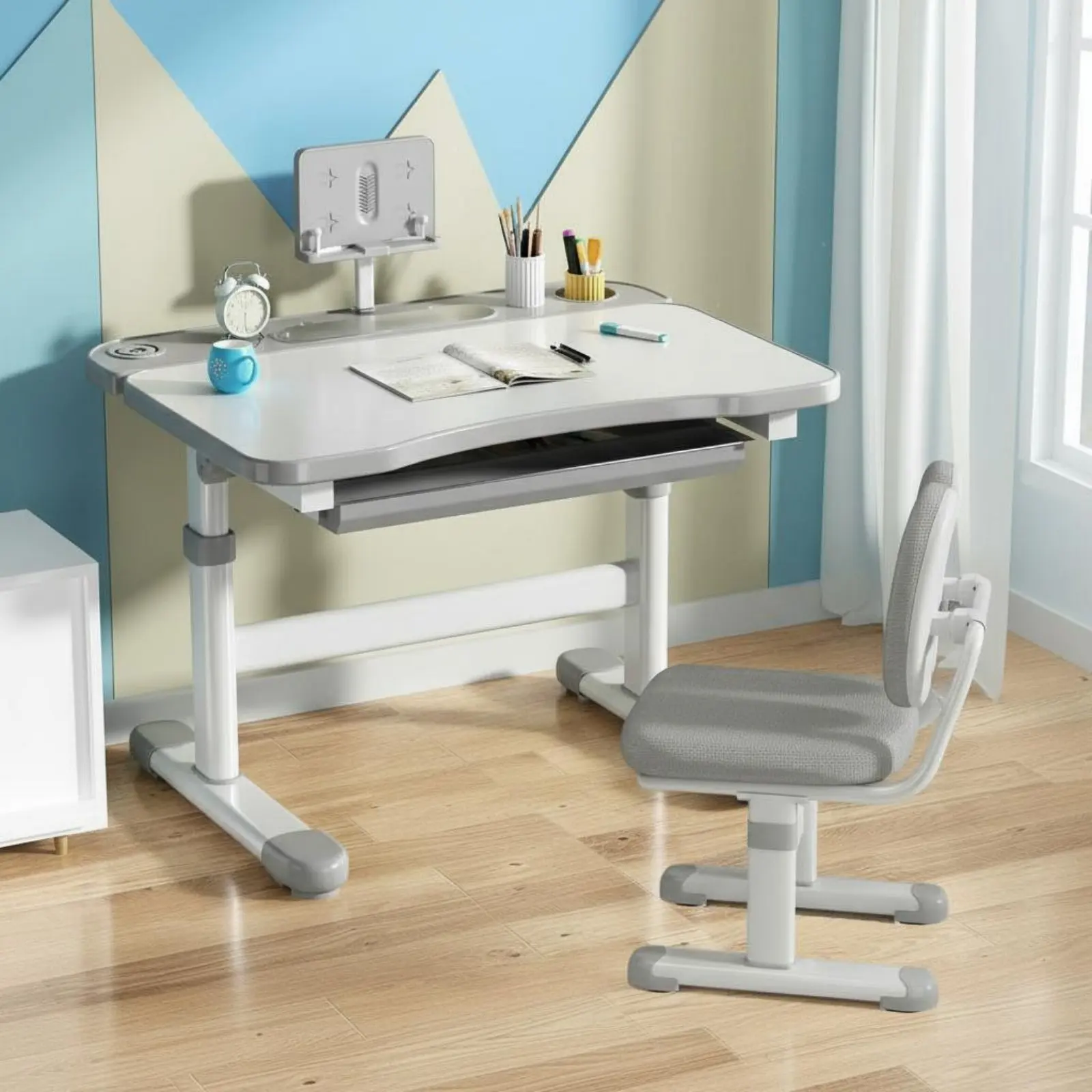 Escritorio infantil ajustable con silla ergonómica y bordes redondeados - imagen 4