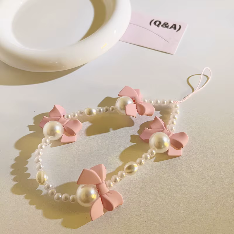 Cadena de teléfono con lazo coreano y perla acrílica negra para niñas - imagen 3