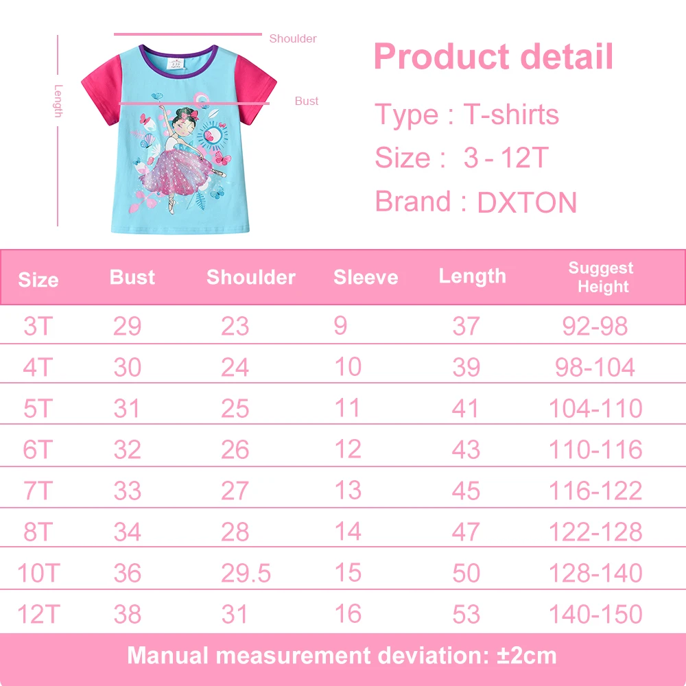 DXTON Camiseta de niña algodón manga corta con flores y dibujos - imagen 5