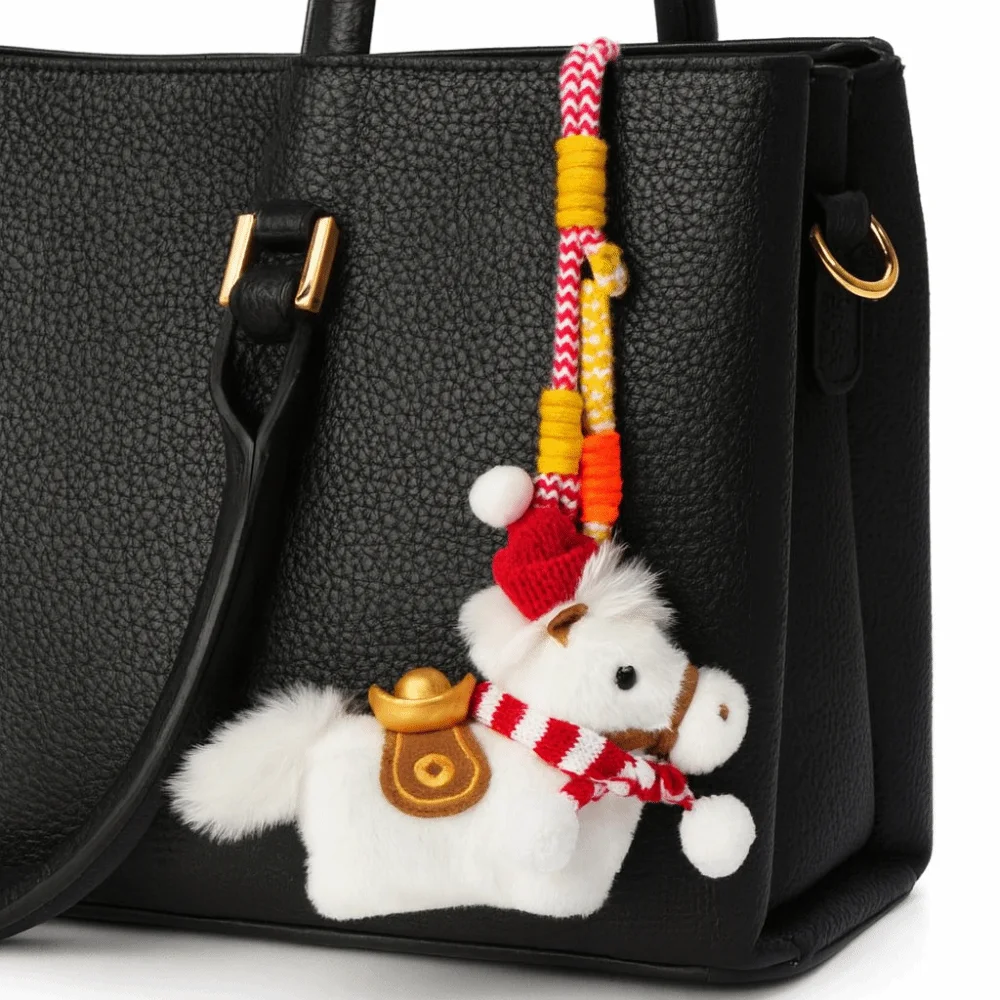 Llavero de peluche pony con bufanda roja, estilo kawaii para coche - imagen 5