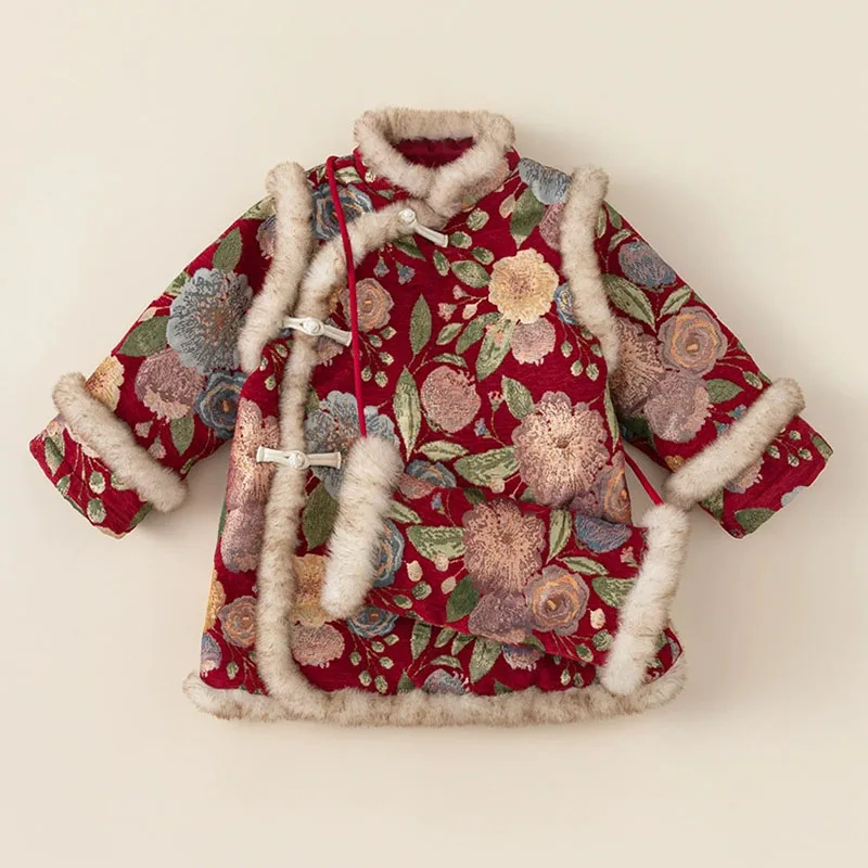 Vestido rojo de invierno para niña – Bordado floral con forro polar