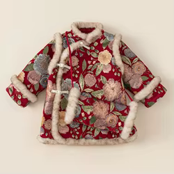 Vestido rojo de invierno para niña – Bordado floral con forro polar