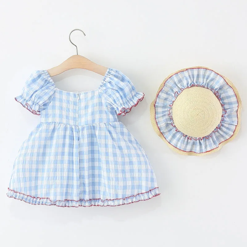 Vestido de verano para niña con lazo a cuadros azules y sombrero - imagen 3