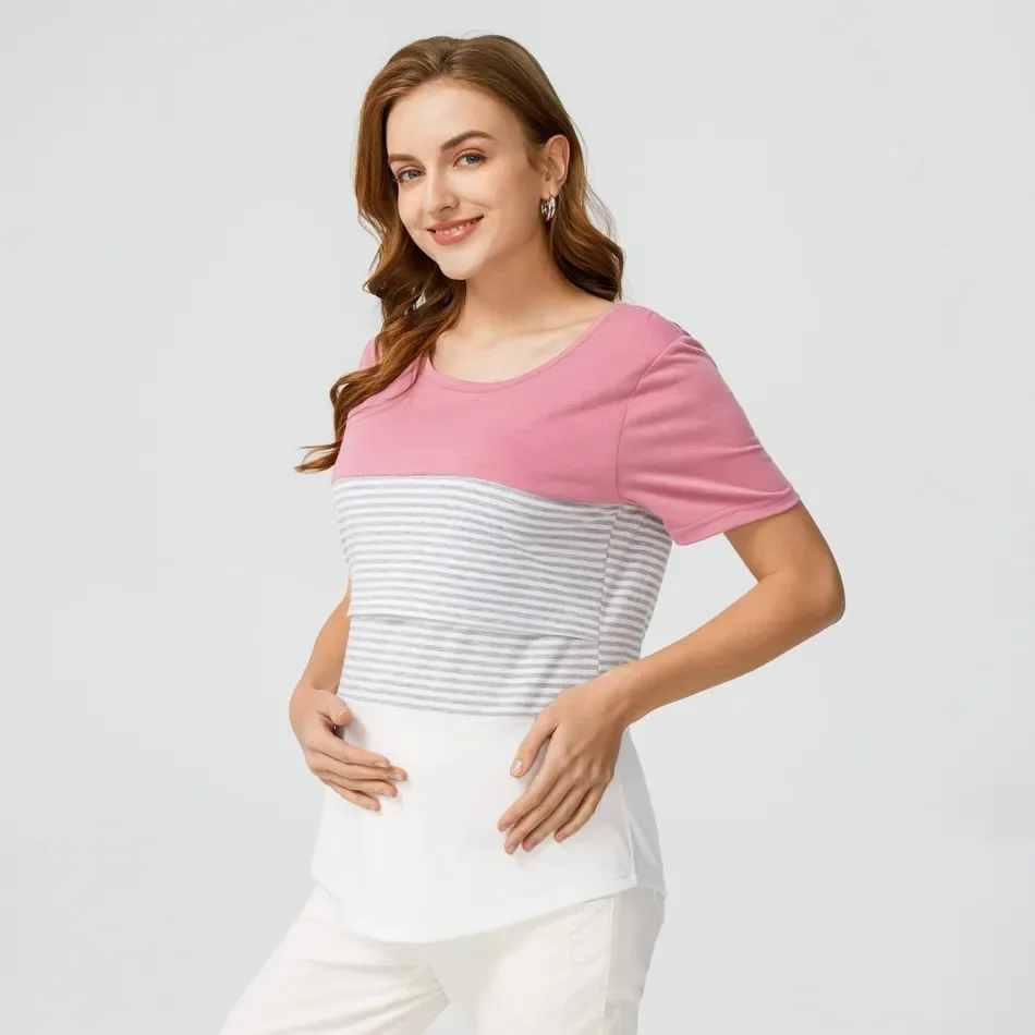 Camiseta maternidad manga corta – Estampado rayas y rosas - imagen 5
