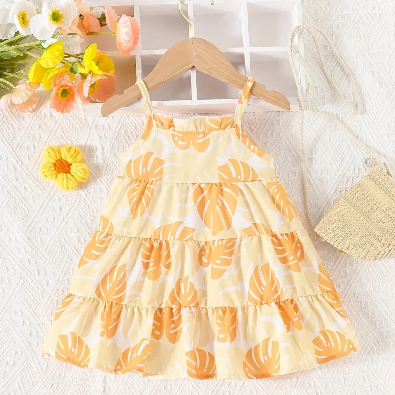 Vestido de niña halter de verano con patrón hojas pastel - imagen 2