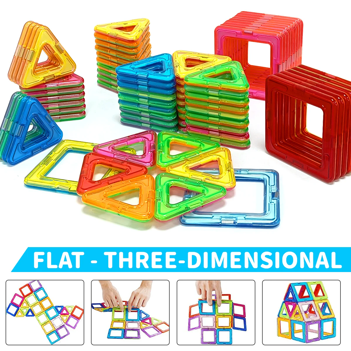 Set de 84 piezas magnéticas extendidas sobre una mesa
