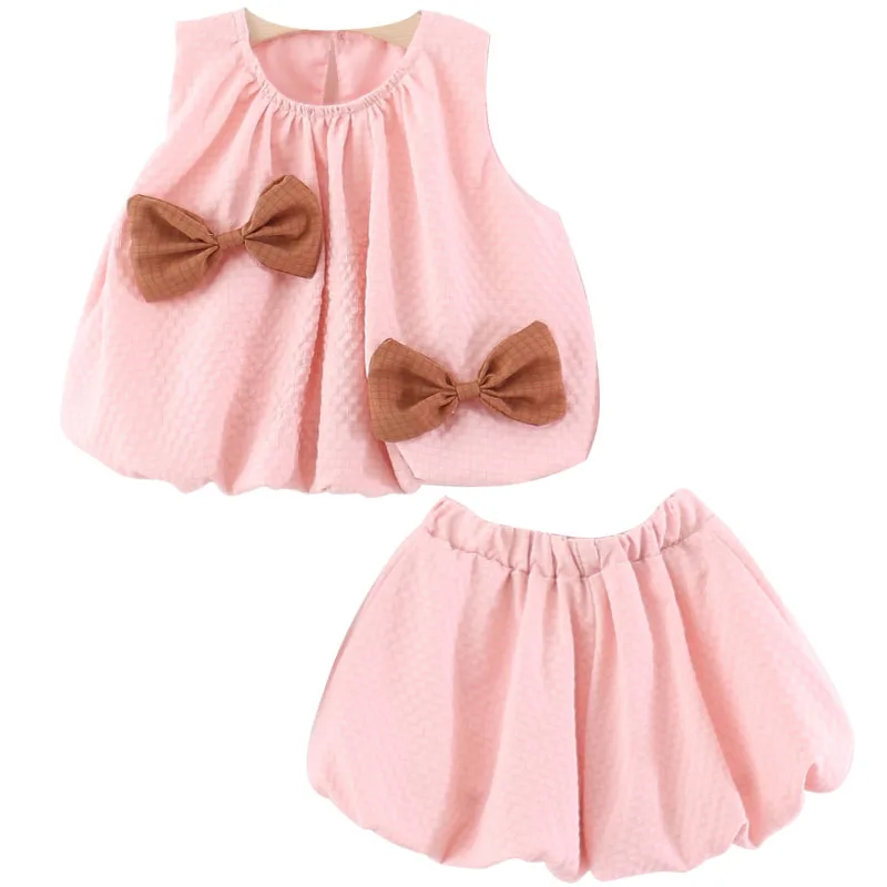 Conjunto de verano para bebé con lazo y top rosa sin mangas