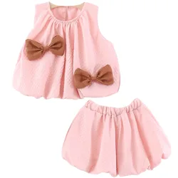 Conjunto de verano para bebé con lazo y top rosa sin mangas