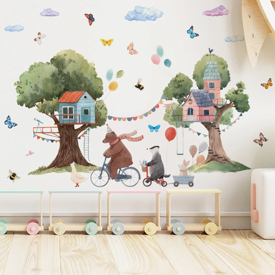 Pegatinas de pared acuarela bosque con animales y casitas - imagen 4