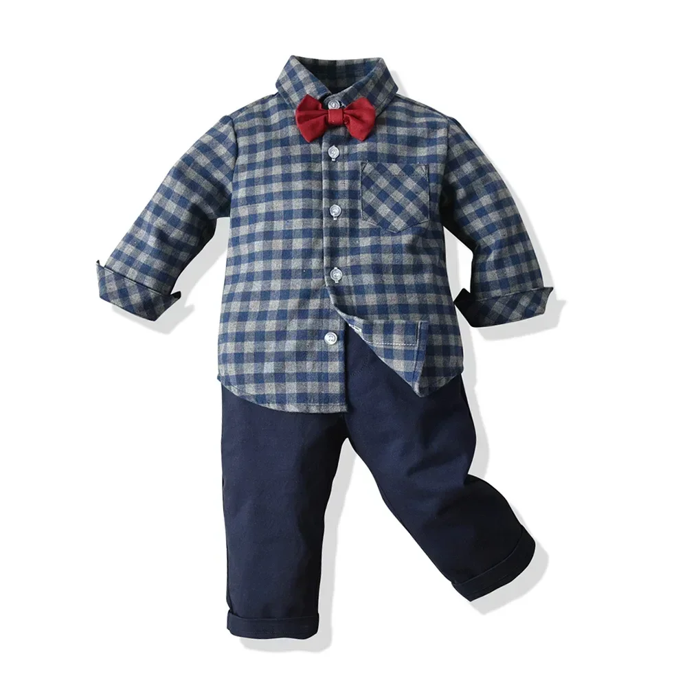 Conjunto otoño infantil: camisa a cuadros, tirantes y pajarita - imagen 2
