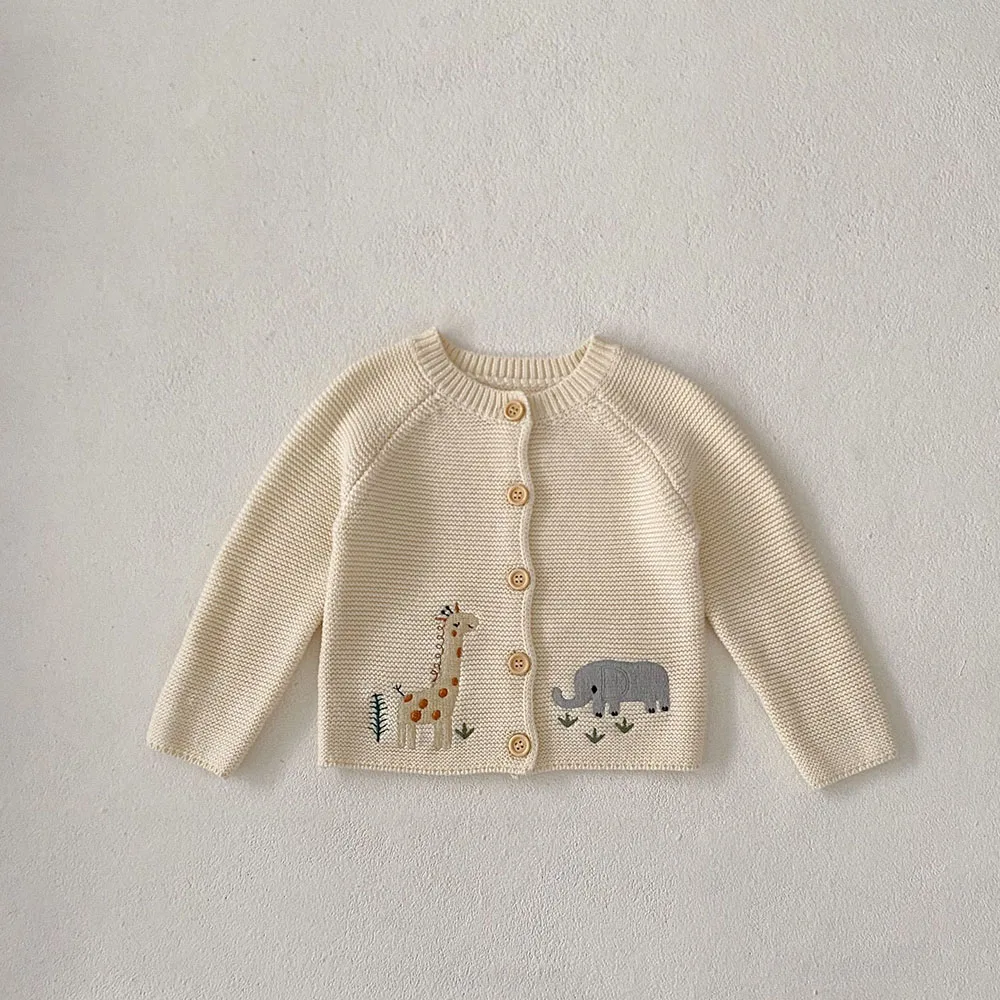 Suéter de punto bordado animales para niñas, beige, cuello redondo