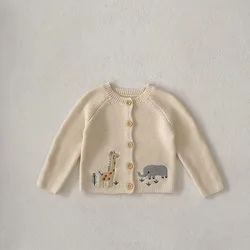 Suéter de punto bordado animales para niñas, beige, cuello redondo