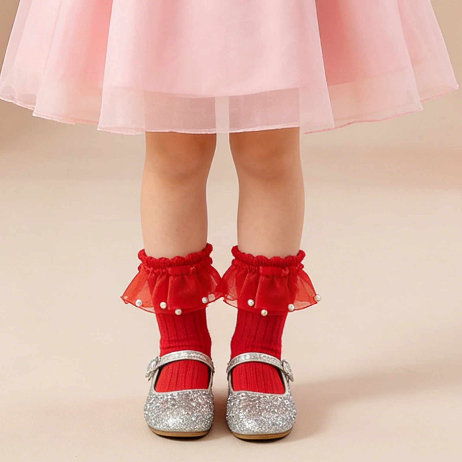 Calcetines bebé niña de encaje con volantes y perlas estilo princesa - imagen 2