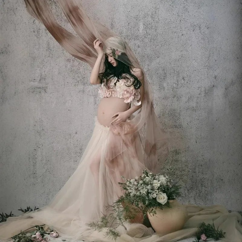 Conjunto de maternidad floral para sesión de fotos con bufanda - imagen 3