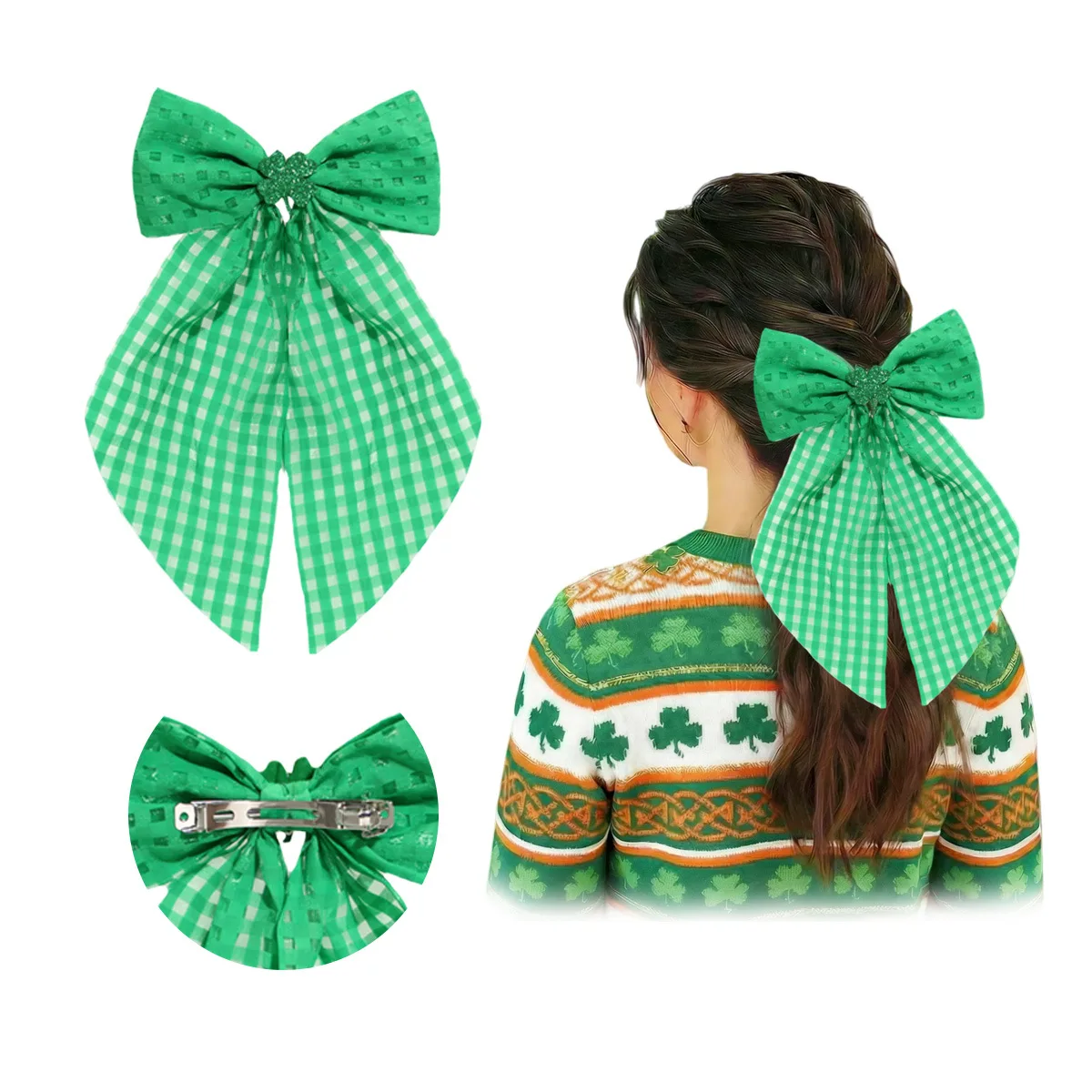 Horquilla niña lazo verde estilo irlandés con clip resorte - imagen 4