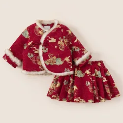 Conjunto invierno niña estilo chino con flores bordadas y forro polar