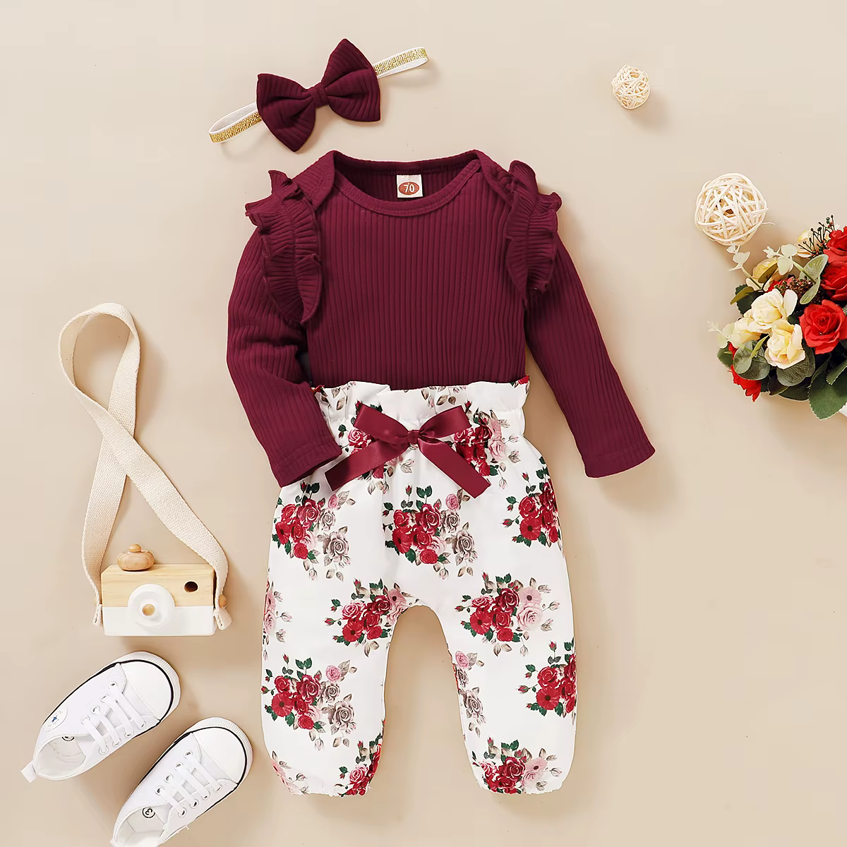 Conjunto bebé pelele manga larga pantalón floral y diadema lazo - imagen 5