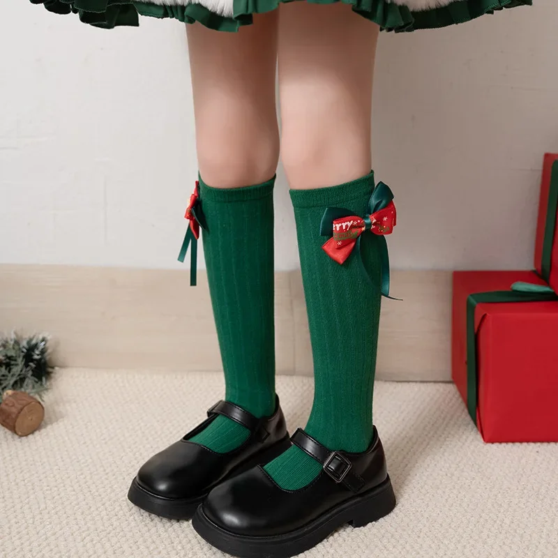 Calcetines hasta la rodilla de algodón con lazo para niñas rojo y verde - imagen 5