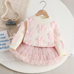 MILANCEL Conjunto otoño niño: suéter punto lazo oso y falda malla