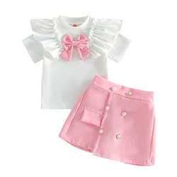 Conjunto de blusa con volantes, lazo y pantalón corto para niña
