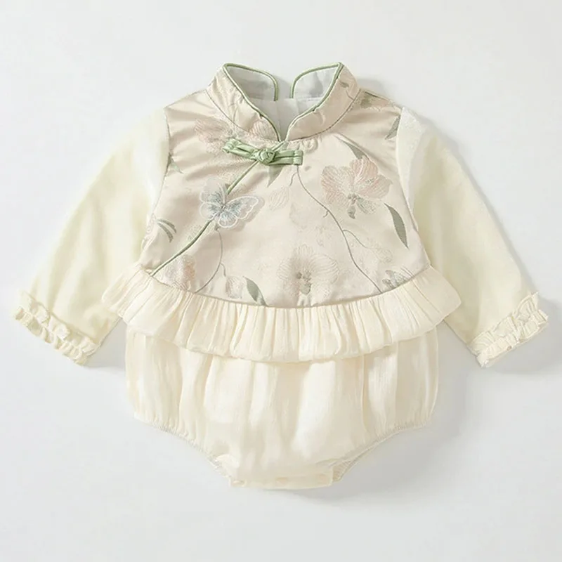 Pelele manga larga primavera para niña estilo chino con mariposa