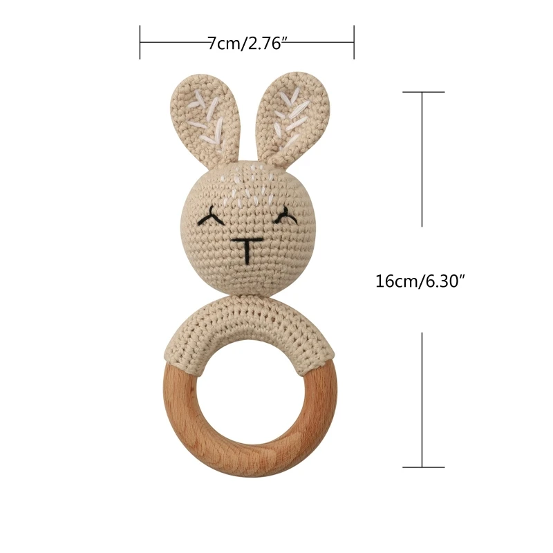 Mordedor de madera para bebé conejito, sonajero ganchillo