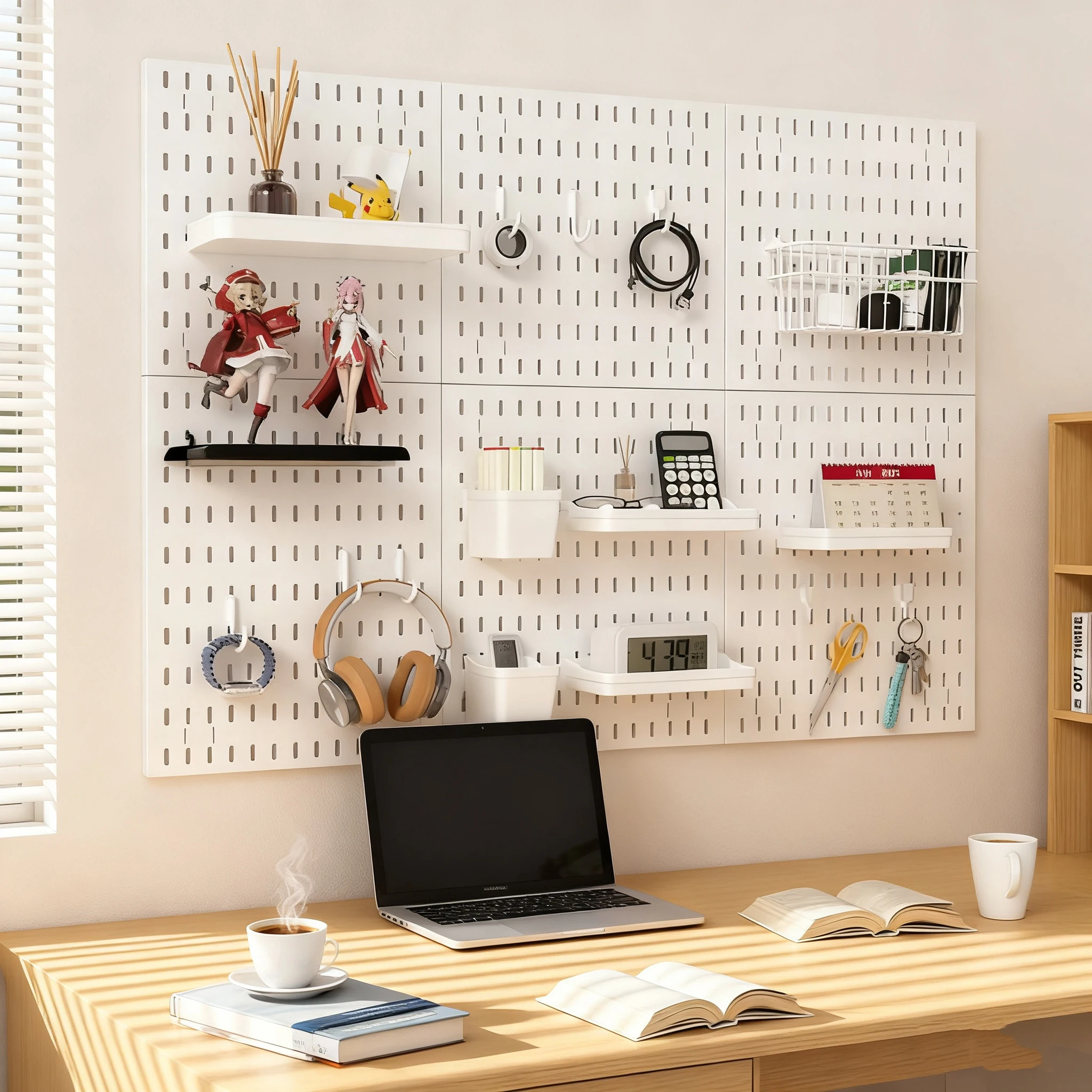 Tablero perforado de pared con estante y organización por zonas