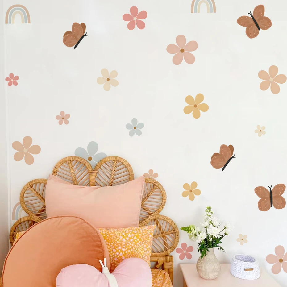 Pegatinas de pared boho con acuarela floral y arco iris