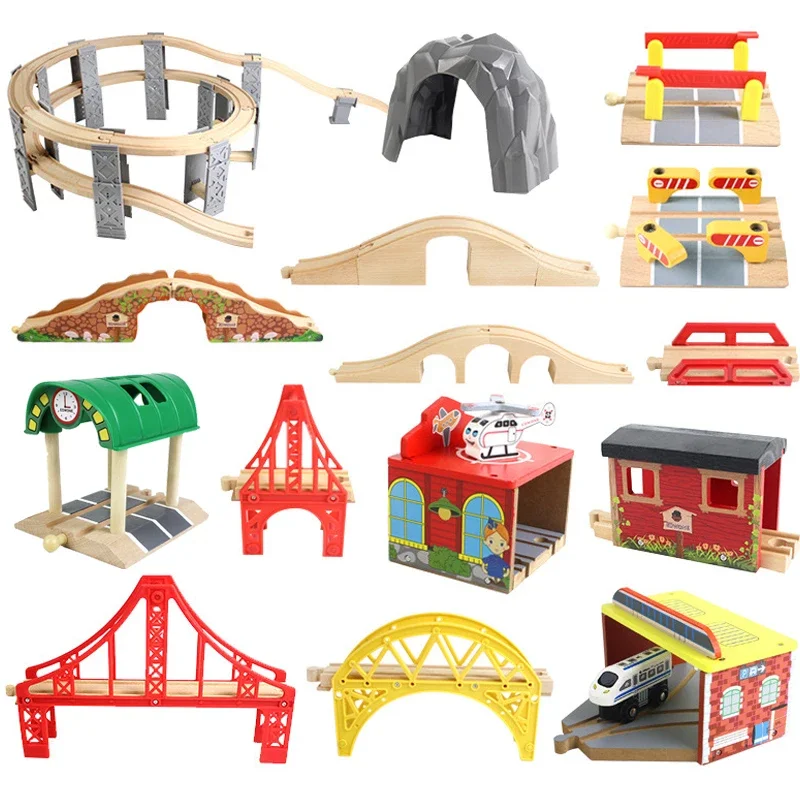 Pista de tren en madera con túnel y puente para niños