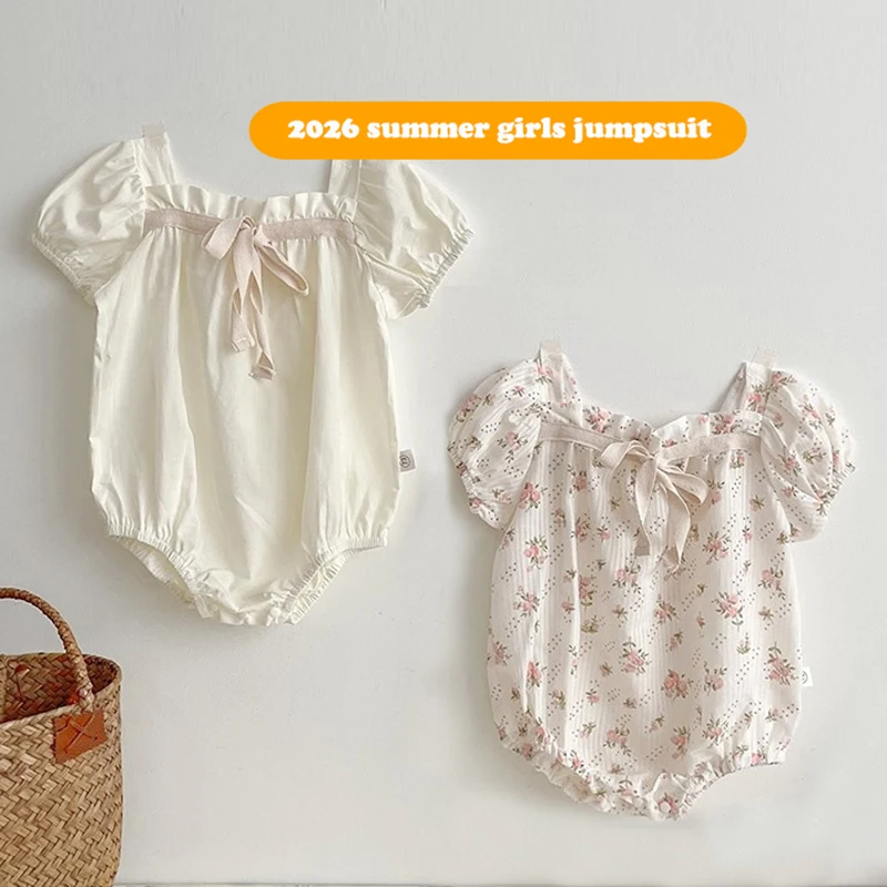 Pelele floral de verano para bebé recién nacido – Mangas abullonadas con pajarita - imagen 2