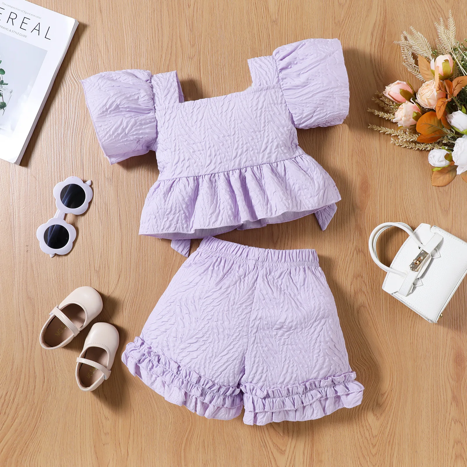 Conjunto de verano niñas – Camiseta algodón y pantalón corto con lazo - imagen 3