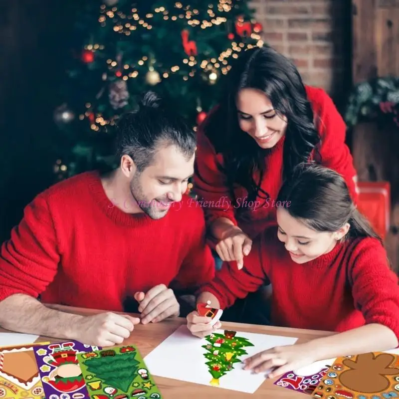 Niños creando con pegatinas DIY navideñas