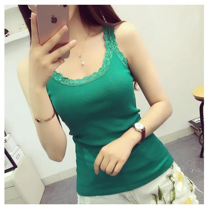 Camisola de algodón sin mangas con encaje y cuello en U ajustada