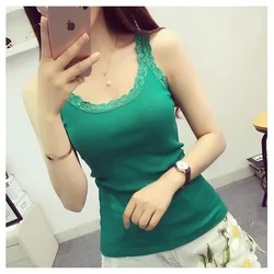 Camisola de algodón sin mangas con encaje y cuello en U ajustada