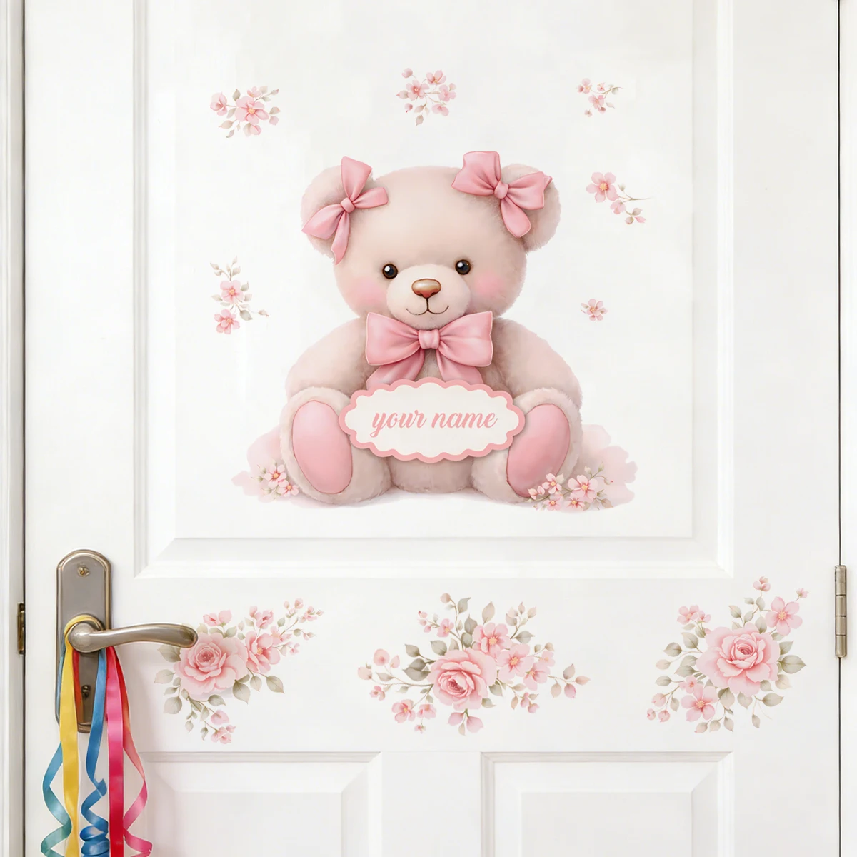 Pegatina de pared personalizada con nombre y lazo rosa, oso de peluche - imagen 4