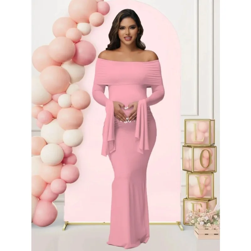 Vestido de maternidad largo con hombros descubiertos para sesión - imagen 2