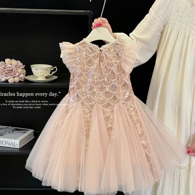 Vestido de tul de fiesta para niña con lentejuelas y mangas abullonadas - imagen 3