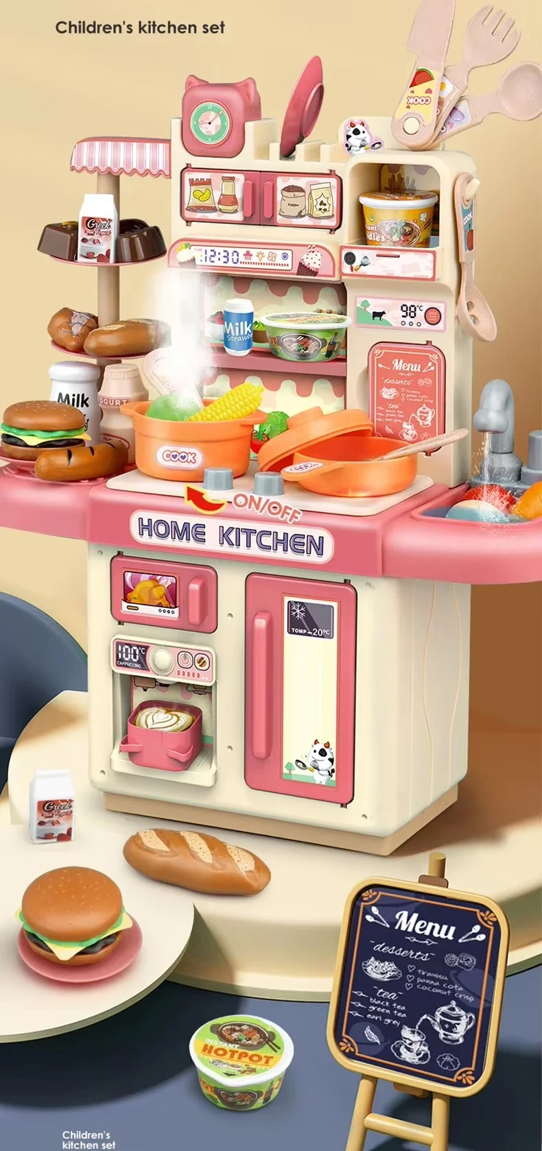 Cocina de simulación con mesa y detalles de juego