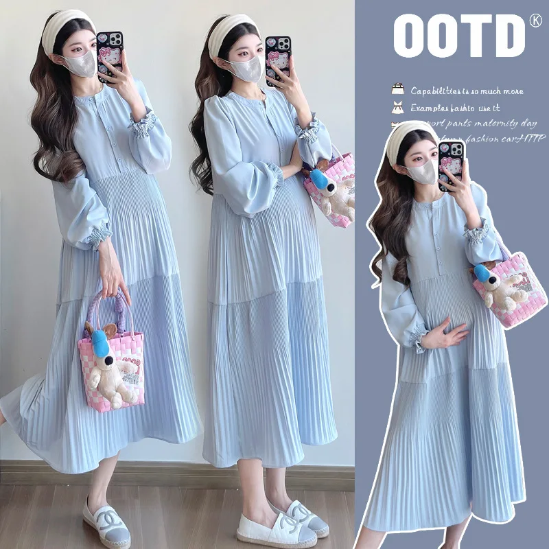 Vestido premamá largo estilo franco coreano corte V suelto para otoño - imagen 3