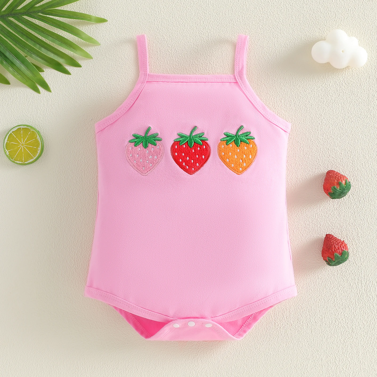 VISgogo mono de verano sin mangas para bebé niña con bordado fresa - imagen 4