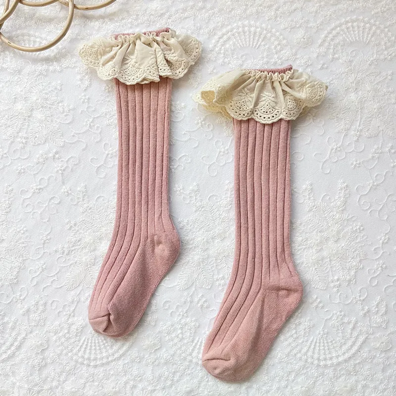 Calcetines largos de algodón suave para niñas y niños - Encaje floral - imagen 3