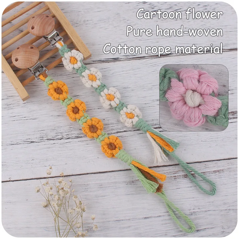 Clip para chupete de tela con flores tejidas a mano, cadena decorativa - imagen 5
